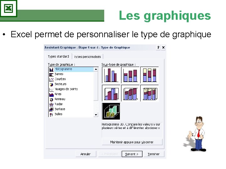 Les graphiques • Excel permet de personnaliser le type de graphique Les graphiques • Excel permet de personnaliser le type de graphique