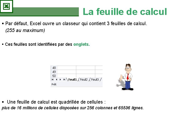 La feuille de calcul § Par défaut, Excel ouvre un classeur qui contient 3