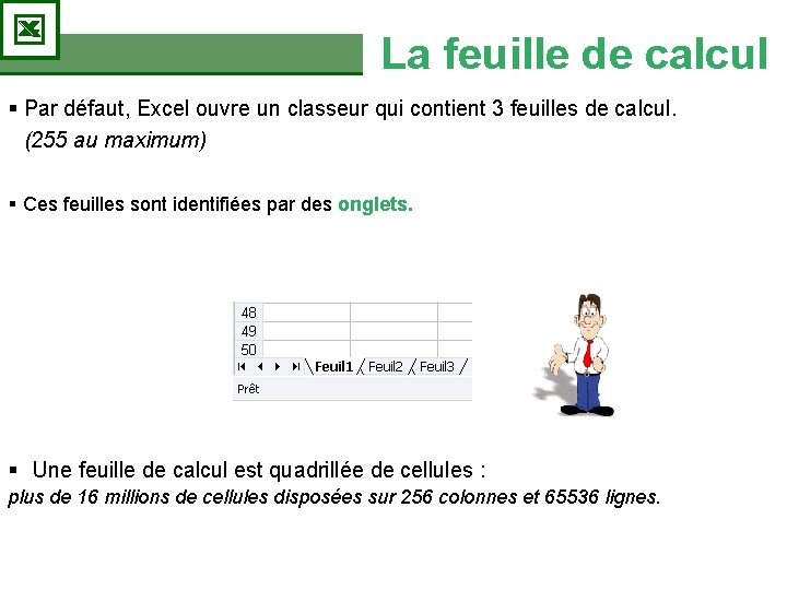 La feuille de calcul § Par défaut, Excel ouvre un classeur qui contient 3 La feuille de calcul § Par défaut, Excel ouvre un classeur qui contient 3
