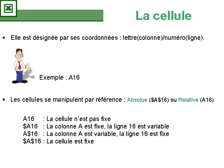 La cellule § Elle est désignée par ses coordonnées : lettre(colonne)/numéro(ligne). Exemple : A La cellule § Elle est désignée par ses coordonnées : lettre(colonne)/numéro(ligne). Exemple : A