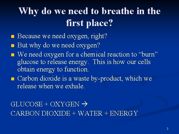 Why do we need to breathe in the first place? n n Because we