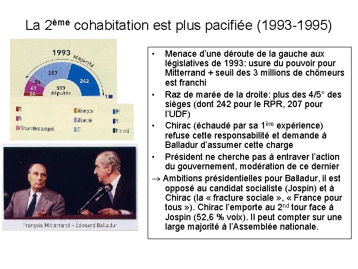 La 2ème cohabitation est plus pacifiée (1993 -1995) • Menace d’une déroute de la