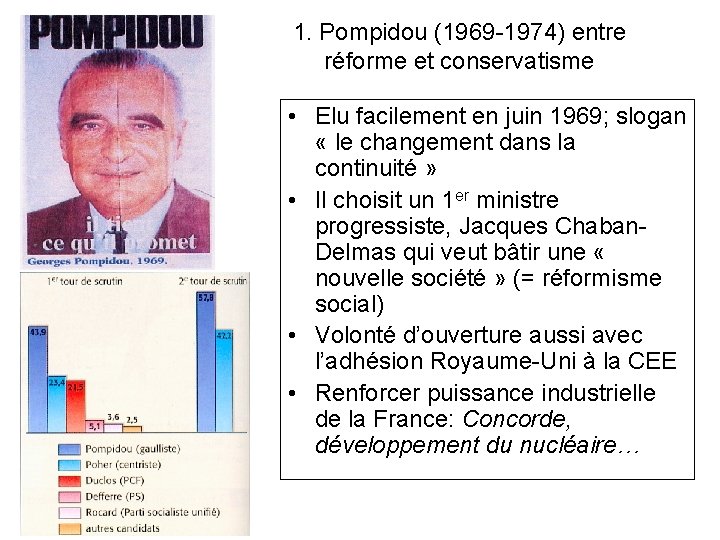 1. Pompidou (1969 -1974) entre réforme et conservatisme • Elu facilement en juin 1969;