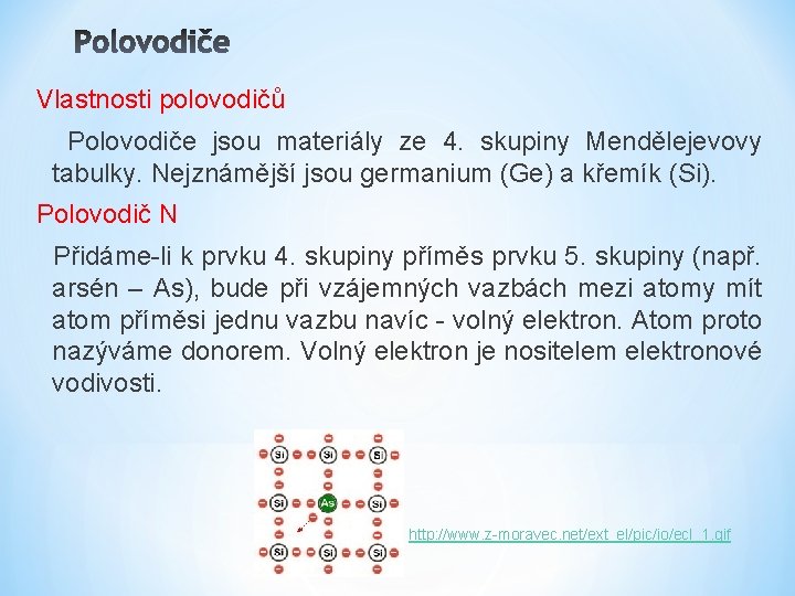 Vlastnosti polovodičů Polovodiče jsou materiály ze 4. skupiny Mendělejevovy tabulky. Nejznámější jsou germanium (Ge)