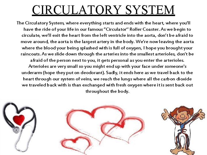 CIRCULATORY SYSTEM The Circulatory System, where everything starts and ends with the heart, where