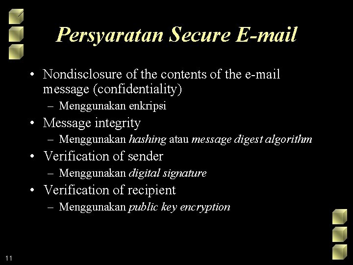 Persyaratan Secure E-mail • Nondisclosure of the contents of the e-mail message (confidentiality) –