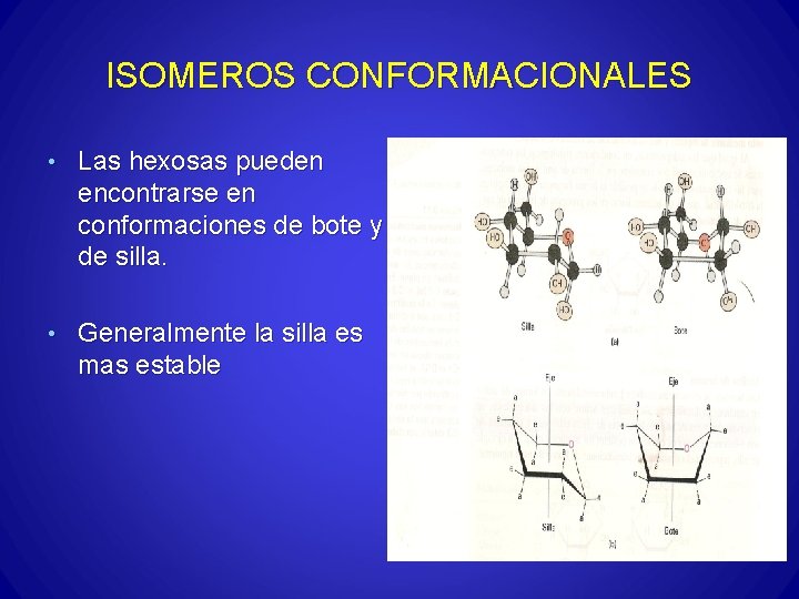 ISOMEROS CONFORMACIONALES • Las hexosas pueden encontrarse en conformaciones de bote y de silla.