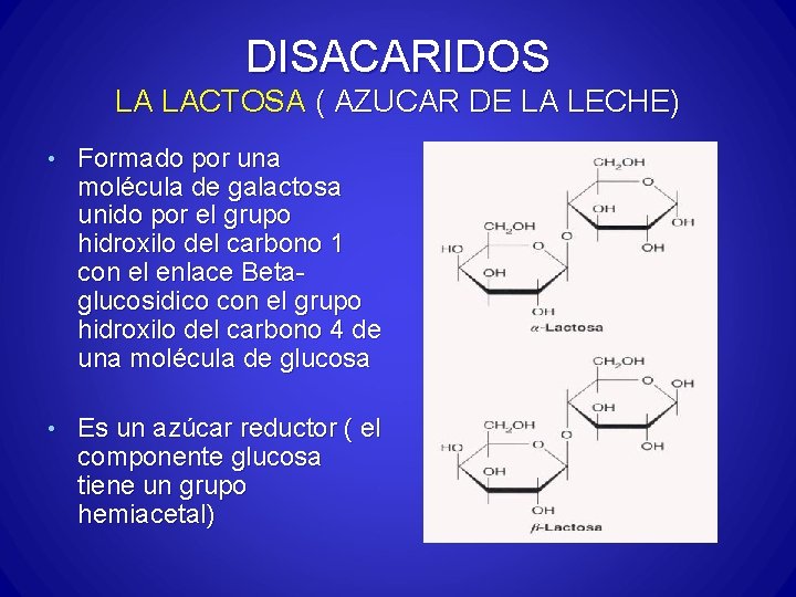 DISACARIDOS LA LACTOSA ( AZUCAR DE LA LECHE) • Formado por una molécula de