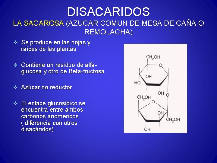 DISACARIDOS LA SACAROSA (AZUCAR COMUN DE MESA DE CAÑA O REMOLACHA) v Se produce