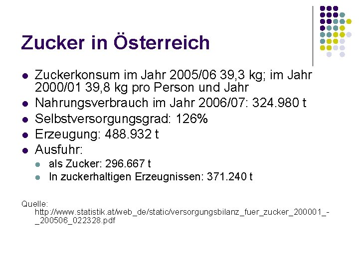 Zucker in Österreich l l l Zuckerkonsum im Jahr 2005/06 39, 3 kg; im