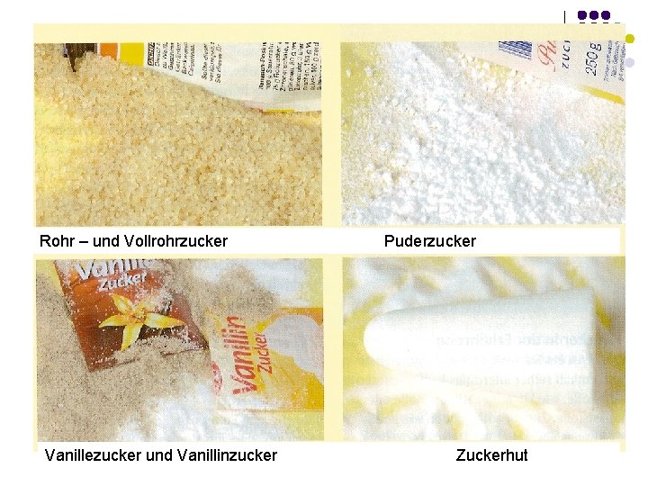 Rohr – und Vollrohrzucker Puderzucker Vanillezucker und Vanillinzucker Zuckerhut 
