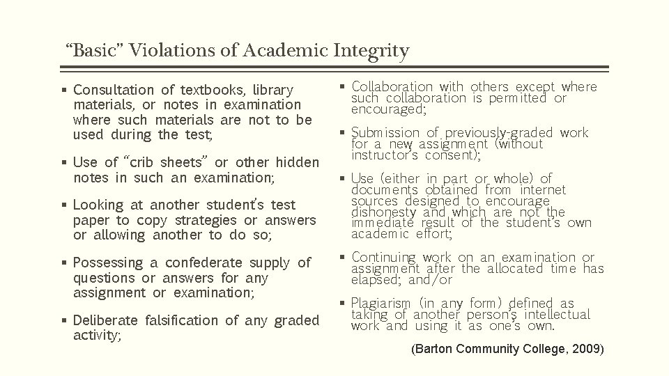 “Basic” Violations of Academic Integrity § Consultation of textbooks, library materials, or notes in