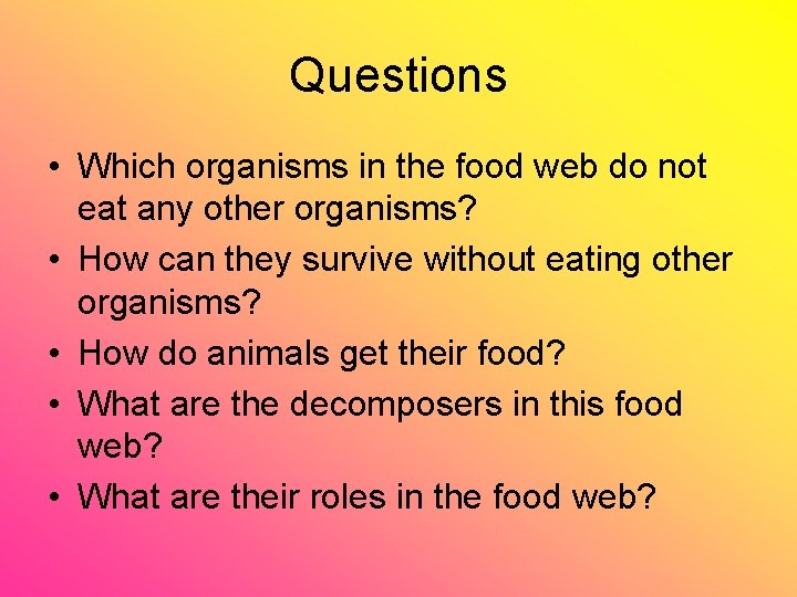 Questions • Which organisms in the food web do not eat any other organisms?
