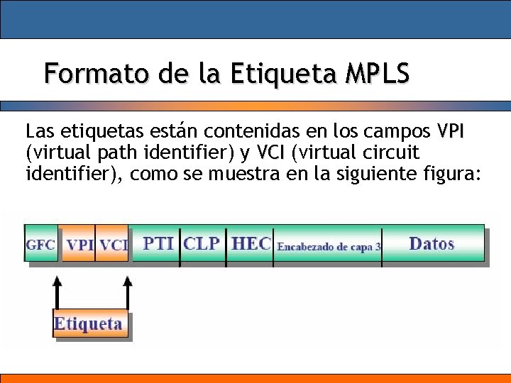 Formato de la Etiqueta MPLS Las etiquetas están contenidas en los campos VPI (virtual