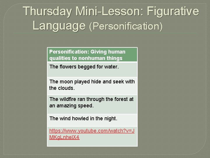 Thursday Mini-Lesson: Figurative Language (Personification) Personification: Giving human qualities to nonhuman things The flowers