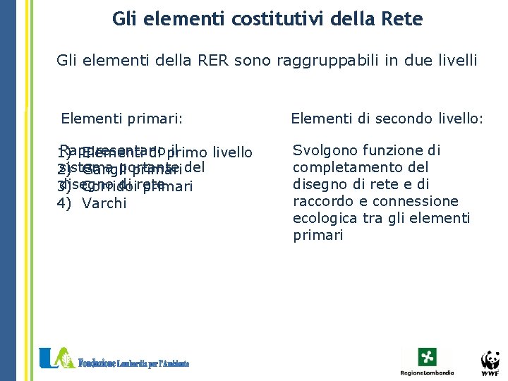 Gli elementi costitutivi della Rete Gli elementi della RER sono raggruppabili in due livelli