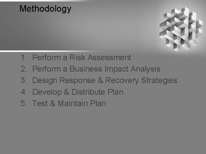 Methodology 1. 2. 3. 4. 5. Perform a Risk Assessment Perform a Business Impact