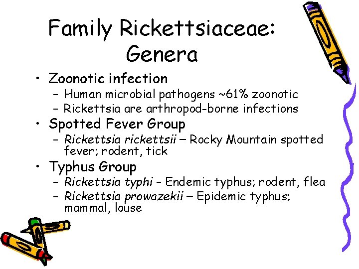 Family Rickettsiaceae: Genera • Zoonotic infection – Human microbial pathogens ~61% zoonotic – Rickettsia