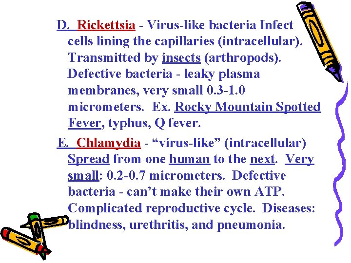 D. Rickettsia - Virus-like bacteria Infect cells lining the capillaries (intracellular). Transmitted by insects