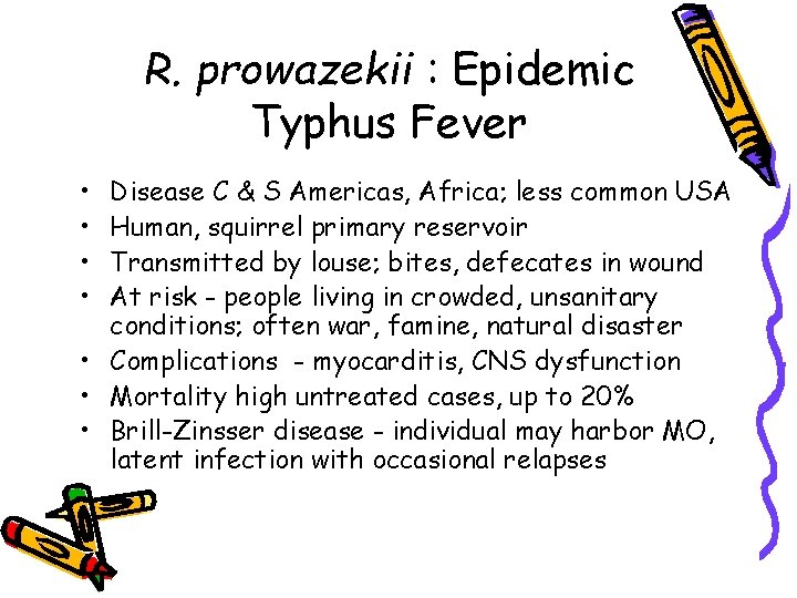 R. prowazekii : Epidemic Typhus Fever • • Disease C & S Americas, Africa;