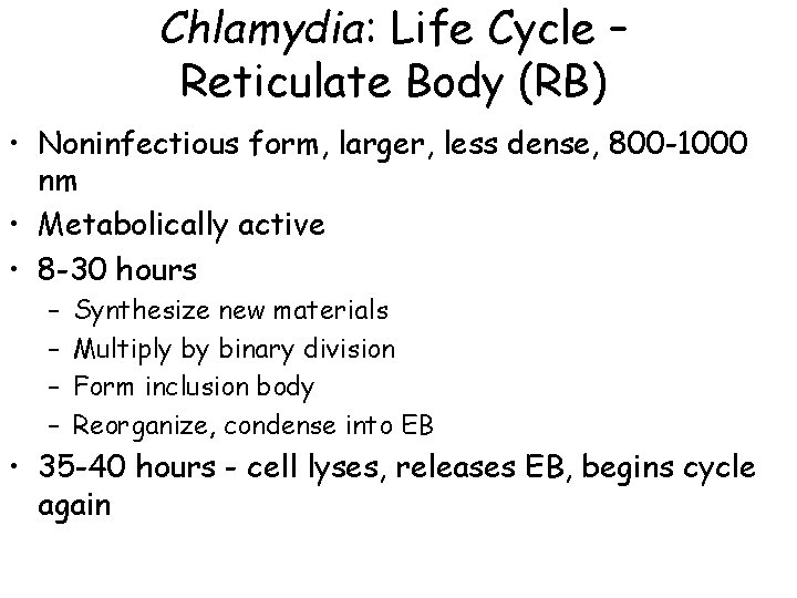 Chlamydia: Life Cycle – Reticulate Body (RB) • Noninfectious form, larger, less dense, 800