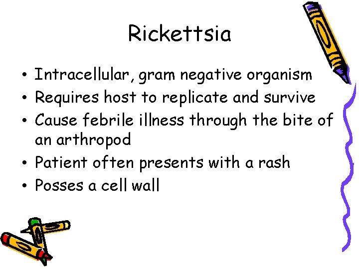 Rickettsia • Intracellular, gram negative organism • Requires host to replicate and survive •