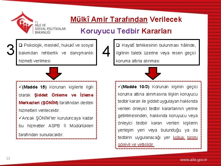 Mülkî Amir Tarafından Verilecek Koruyucu Tedbir Kararları 3 q Psikolojik, meslekî, hukukî ve sosyal