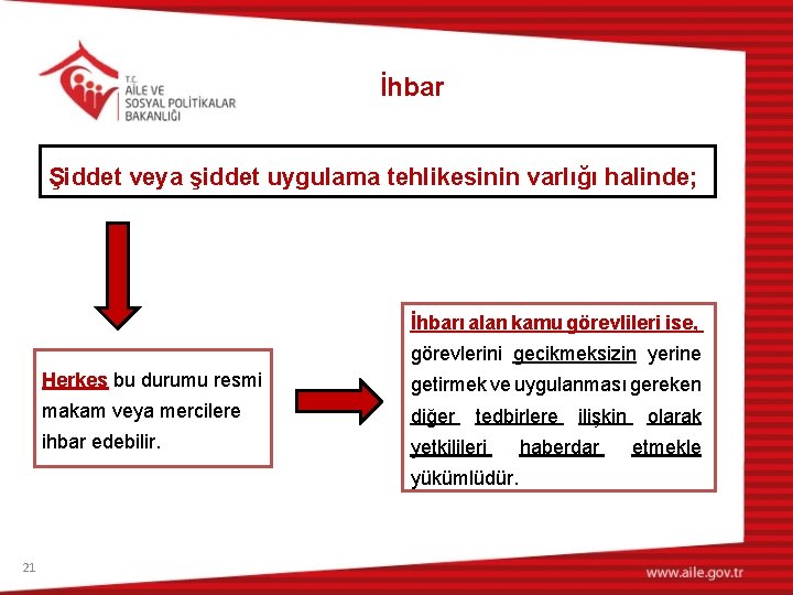 İhbar Şiddet veya şiddet uygulama tehlikesinin varlığı halinde; İhbarı alan kamu görevlileri ise, görevlerini