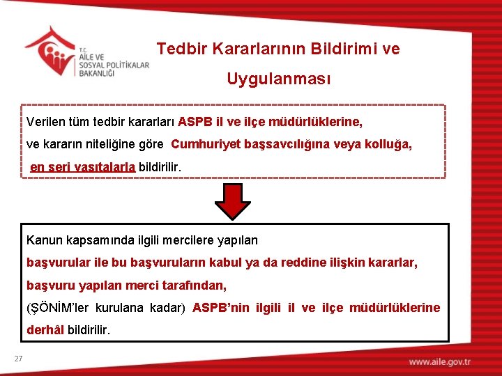 Tedbir Kararlarının Bildirimi ve Uygulanması Verilen tüm tedbir kararları ASPB il ve ilçe müdürlüklerine,