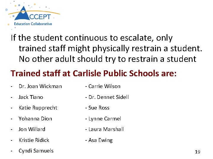 If the student continuous to escalate, only trained staff might physically restrain a student.