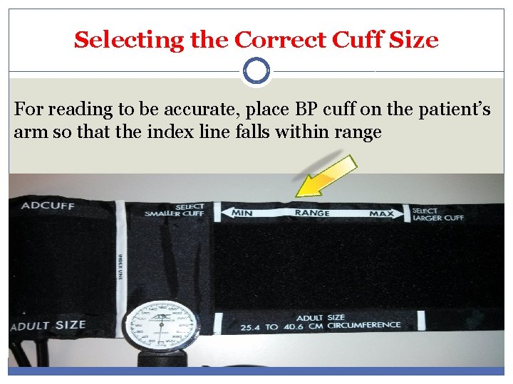 Selecting the Correct Cuff Size For reading to be accurate, place BP cuff on
