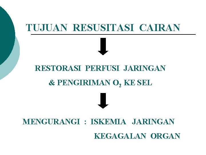 TUJUAN RESUSITASI CAIRAN RESTORASI PERFUSI JARINGAN & PENGIRIMAN O 2 KE SEL MENGURANGI :