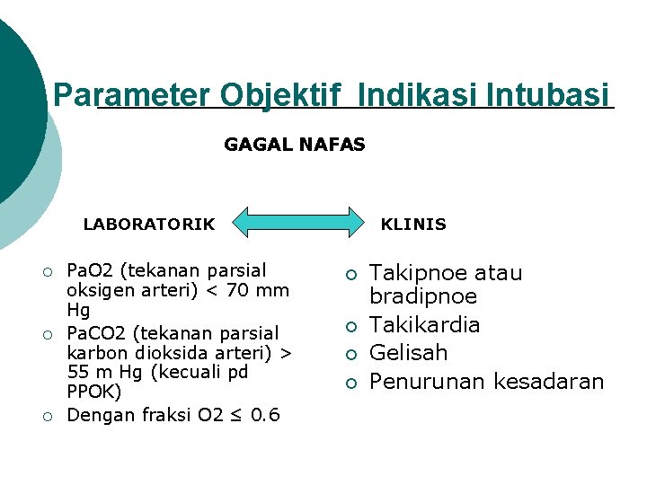 Parameter Objektif Indikasi Intubasi GAGAL NAFAS LABORATORIK ¡ ¡ ¡ Pa. O 2 (tekanan