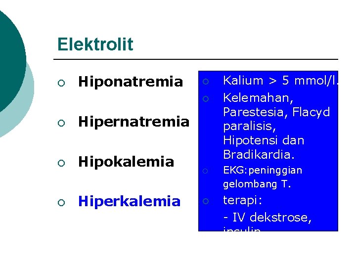 Elektrolit ¡ Hiponatremia ¡ ¡ ¡ Hipernatremia ¡ Hipokalemia ¡ Hiperkalemia ¡ ¡ Kalium