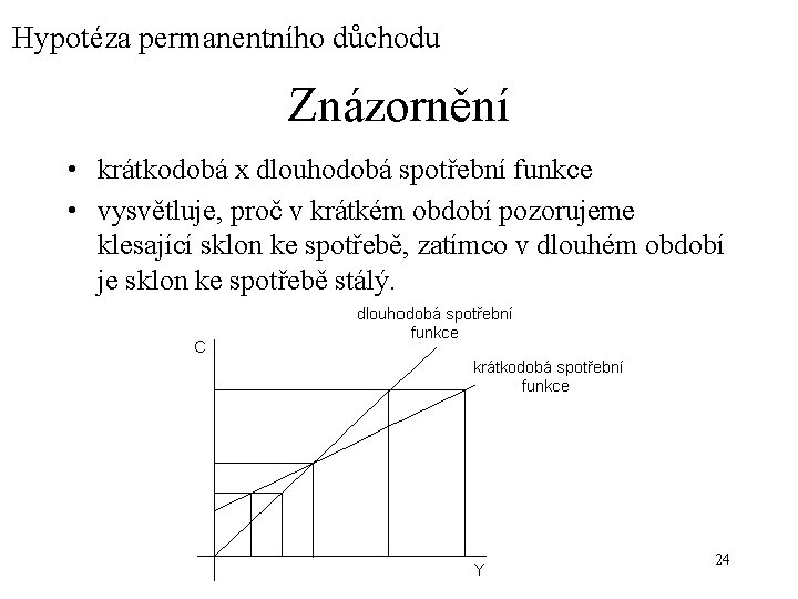 Hypotéza permanentního důchodu Znázornění • krátkodobá x dlouhodobá spotřební funkce • vysvětluje, proč v