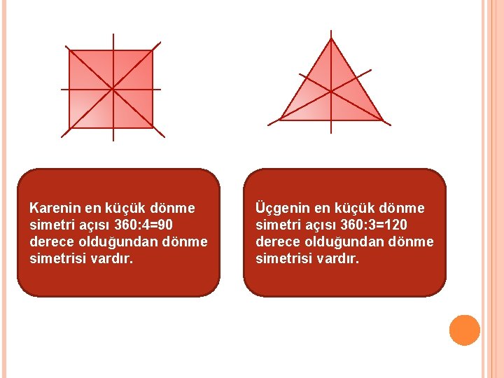 Karenin en küçük dönme simetri açısı 360: 4=90 derece olduğundan dönme simetrisi vardır. Üçgenin