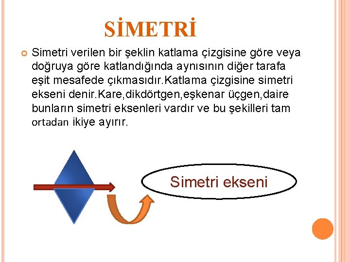SİMETRİ Simetri verilen bir şeklin katlama çizgisine göre veya doğruya göre katlandığında aynısının diğer