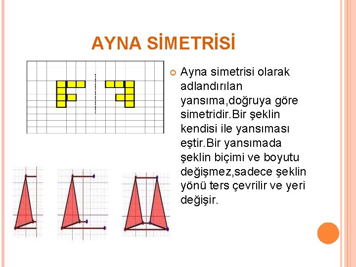 AYNA SİMETRİSİ Ayna simetrisi olarak adlandırılan yansıma, doğruya göre simetridir. Bir şeklin kendisi ile