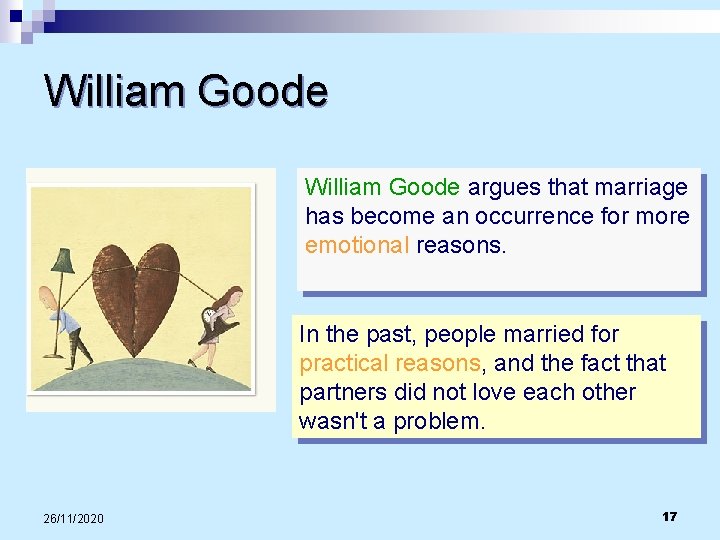William Goode argues that marriage has become an occurrence for more emotional reasons. In