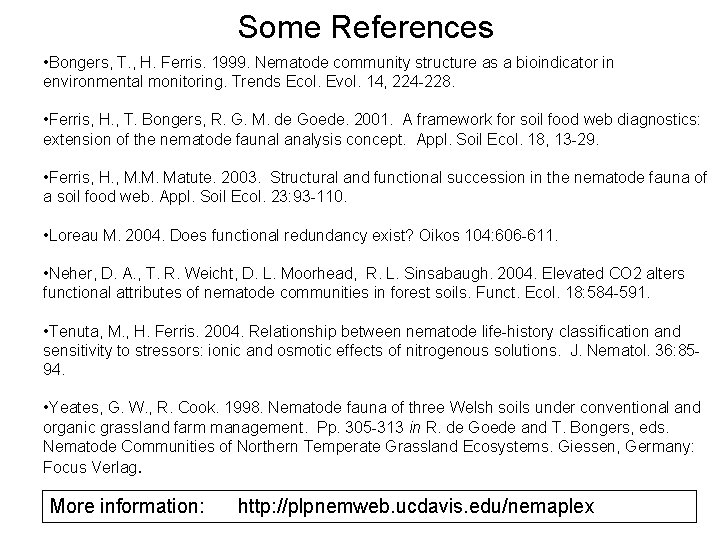 Some References • Bongers, T. , H. Ferris. 1999. Nematode community structure as a