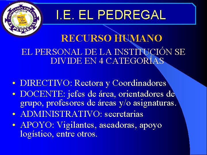 I. E. EL PEDREGAL RECURSO HUMANO EL PERSONAL DE LA INSTITUCIÓN SE DIVIDE EN