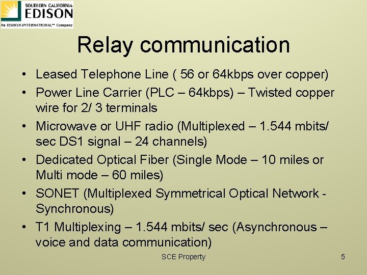 Relay communication • Leased Telephone Line ( 56 or 64 kbps over copper) •