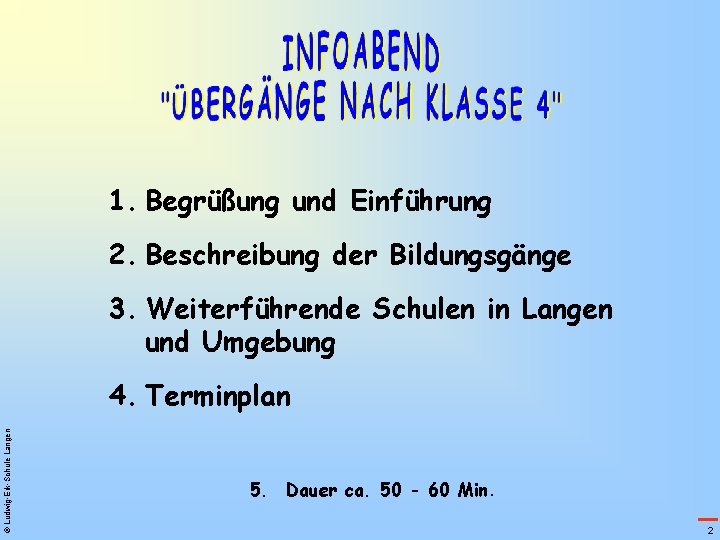 1. Begrüßung und Einführung 2. Beschreibung der Bildungsgänge 3. Weiterführende Schulen in Langen und