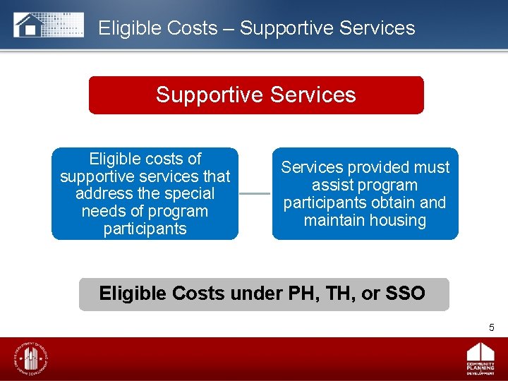 Eligible Costs – Supportive Services Eligible costs of supportive services that address the special