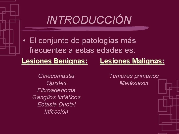 INTRODUCCIÓN • El conjunto de patologías más frecuentes a estas edades es: Lesiones Benignas:
