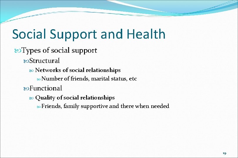 Social Support and Health Types of social support Structural Networks of social relationships Number