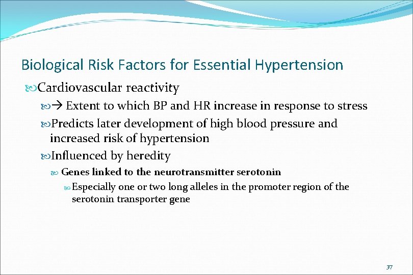 Biological Risk Factors for Essential Hypertension Cardiovascular reactivity Extent to which BP and HR