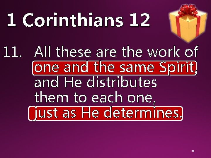 1 Corinthians 12 11. All these are the work of one and the same