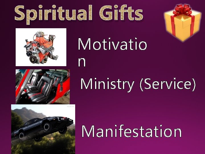 Spiritual Gifts Motivatio n Ministry (Service) Manifestation 