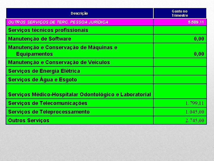 Descrição OUTROS SERVIÇOS DE TERC. PESSOA JURÍDICA Gasto no Trimestre 5. 589, 11 Serviços